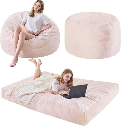 Bean Bag Chairs for Adults - Giant Bean Bag Chair Convertible Bean Bag Bed - Beanbag Chair with Micro Fiber Cover/Furniture Foam Filler - Floor Couch Sofa in Bedroom Dorm Room - Queen Pink