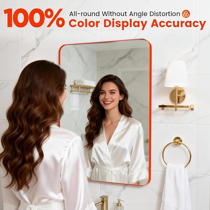 24"x 28" Matte Orange Bathroom Mirror Wall Mounted, Matte Aluminum Alloy Frame with Rounded Corners, Shatterproof Tempered Glass, Anti-Rust HD Vanity Mirror for Bathroom, Bedroom, Entryway