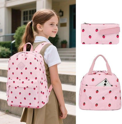 Corduroy Girls Backpack Set, 3PCS School Backpacks for Kids Elementary Middle School Bags with Lunch Box Pencil Case (Pink Corduroy Strawberry)