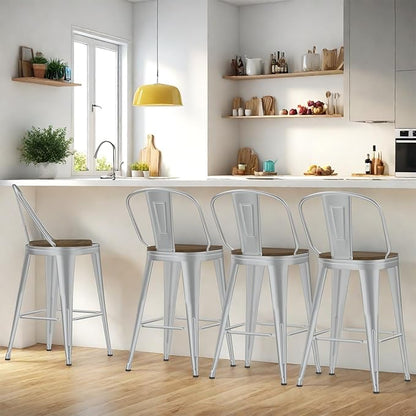 26” Swivel Bar Stools Set of 4, Counter Height Bar Stools Wooden Seat, Metal Industrial Bar Chairs with High Back for Kitchen Island (Silver)