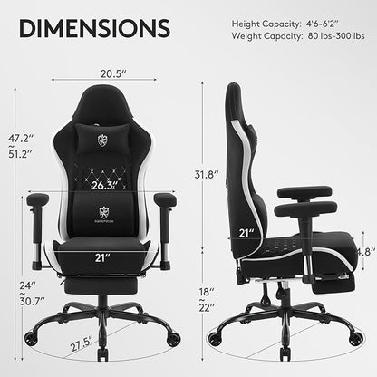 Gaming Chair Breathable Fabric,Computer Office Chair with Footrest,Massage Lumbar Support and Gel Pad,Ergonomic Reclining Gamer Chair with Adjustable Armrests and Spring Cushion Black Grey
