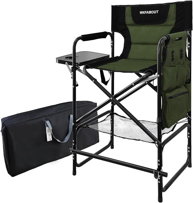Tall Folding Directors Chair with Side Table 30.71" Seat Height Foldable Camping Chair Bar Stool for Makeup Artist Face Painting with Footrest and Storage Pocket Supports 350LBS