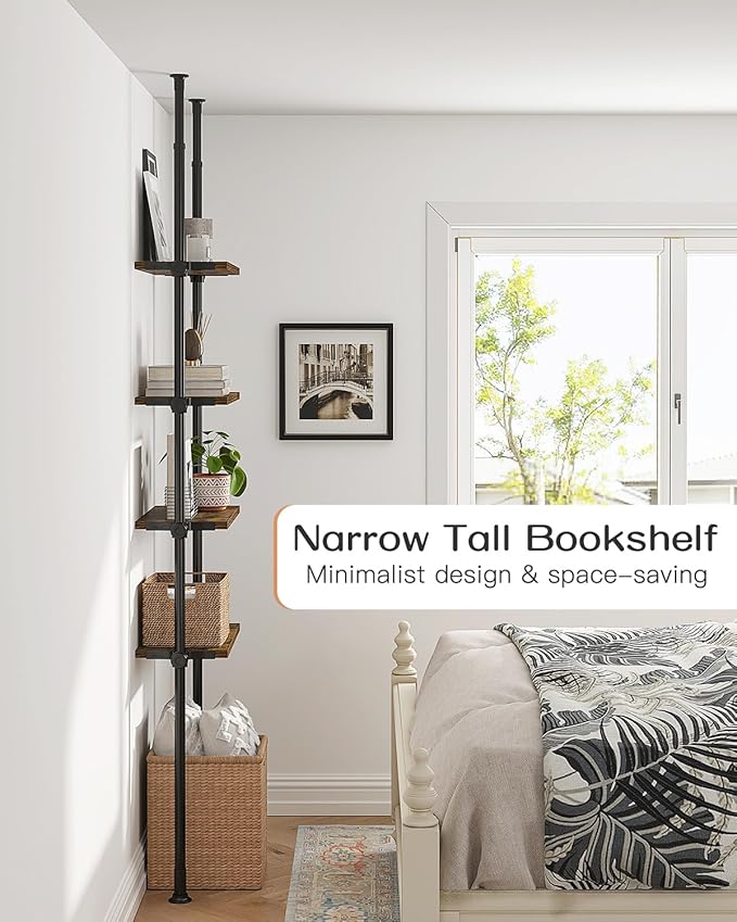 ALLZONE Adjustable Tall Narrow Bookshelf for Bedroom, 4-Tier Ladder Bookcase for Small Spaces, Tension Mount Tall Skinny Book Shelf with Open Storage, 64 to 113Inch Height