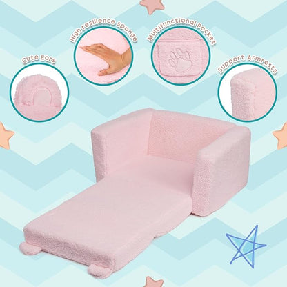 ALIMORDEN Fold Out Toddler Couch, Comfy 2-in-1 Cuddly Sherpa Bear Chair for Kids, Convertible Sofa to Lounger, Kids Cozy Corner Play Couch for Boys and Girls, Pink