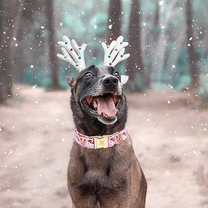 Elegant little tail Christmas Dog Collar, Pink Deer Print Pet Collar Dog Durable Cute Dog Collars Winter Holiday Male or Female Pet Gift Adjustable Dog Collar for X-Small Puppy