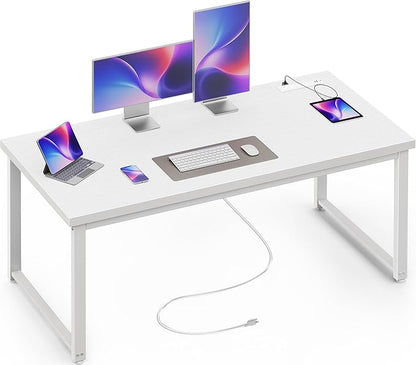 Huuger 55 x 24 inch Desk with Power Outlets & USB-C, Deeper & Thicker Desktop, Robust Metal Tubes, Computer Desk, Heavy Duty Office Desk, Work Gaming Desk for Home Office, White