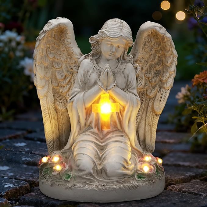 Solar Angel Garden Statue Outdoor Decor Cemetery Decorations for Grave Praying Angel Figurines with LED Light for Outdoor Lawn Yard Patio Decor Memorial Gifts for Women, Mom, Grandma