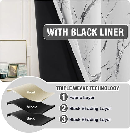 H.VERSAILTEX 100% Blackout Curtains 84 inch Length 2 Panels Set Marble Designs Printed Drapes Thermal Curtains for Bedroom with Black Liner Sound Proof Curtains, Grey
