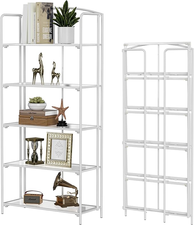 Crofy No Assembly Folding Bookshelf for Living Room, 5 Tier White Collapsible Book Shelf for Home Office, Portable Bookcase Storage Organizer
