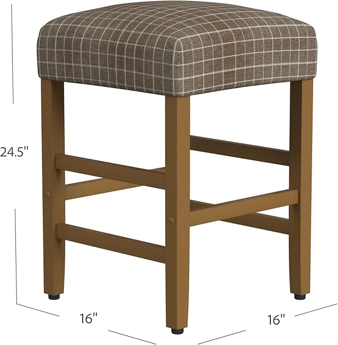 HomePop Home Decor |Classic Open-Back Counter Height Barstool| Square 24 Inch Bar Stools with Domed Cushion, Brown Window Pane Print