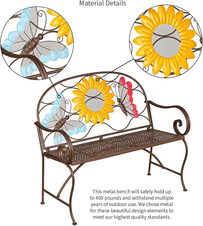 Evergreen Garden Sunflower Garden Bench Outdoors & Indoors | Cast Iron Metal Patio Bench | Outdoor Seating Furniture | Seats for Park, Porch, Deck, Yard