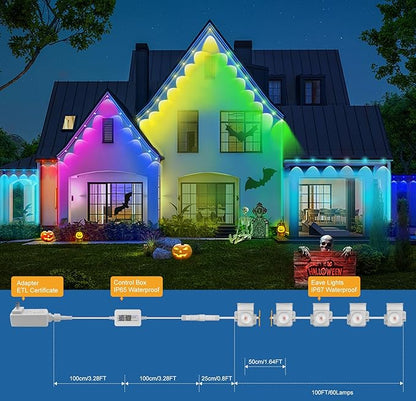 Aogled Permanent Outdoor Lights for House,100ft RGB+IC Smart Eave Lights with 60 LEDs,IP67 Waterproof,Remote/APP Control,DIY Scene Modes&Music Sync Lighting for Outdoor Christmas Decorations