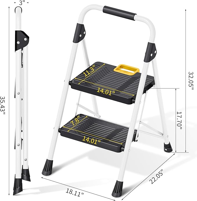 KINGRACK 2 Step Folding Ladder, 800lbs Capacity Step Stool with Safety Lock, Non-Skid Wide Pedals, and Handrail, Lightweight, Household Ladder for Home, Kitchen, Pantry, Closets, and Office Use, White