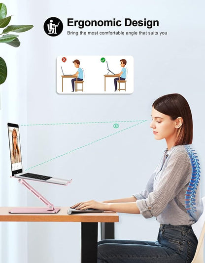 Foldable Laptop Stand, Height Adjustable Ergonomic Computer Stand for Desk, Aluminum Portable Laptop Riser Notebook Holder Mount Compatible with MacBook Pro Air, HP, Dell 10-16" (Pink)