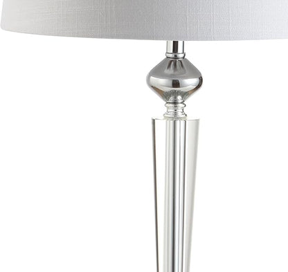 JONATHAN Y 28.25" Clear Crystal Table Lamp, Chrome Candlestick Base with White Linen Drum Shade, Traditional French Country Lamp for Living Room, LED Bulb Included JYL2051A