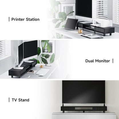 Fenge Dual Monitor Stand, 42.5inch Long Monitor Stands Riser for 2 Monitors, Sliding Door with Storage Organizer Stand for Desk, 2 Tier Desk Shelf for Laptop, Pc, Printer, Computer, TV