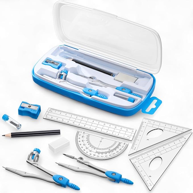 Zonon Math Geometry Set 10 Pcs Student Supplies with Shatterproof Storage Box, Includes Rulers Protractor Compass Pencil Sharpener Lead Refills Eraser Pencil for Drafting and Drawings(Blue)