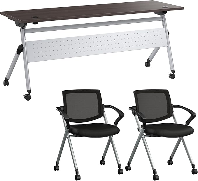 Bush Business Furniture Folding Training Table Set for 2, 72 inch Desk with Powered Grommets and 2 Chairs with Arms, Commercial-Grade Bundle for Office or Classroom, Envision Collection, Gray