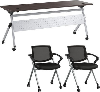 Bush Business Furniture Folding Training Table Set for 2, 72 inch Desk with Powered Grommets and 2 Chairs with Arms, Commercial-Grade Bundle for Office or Classroom, Envision Collection, Gray