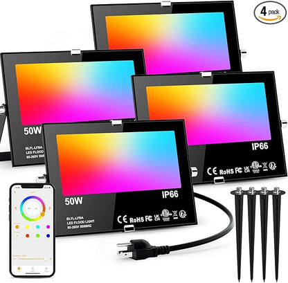 Flood Lights Outdoor RGB with Stake, 500W Equivalent Smart Color Change & Daylight 5700K Landscape Light, IP66 Patio Lights via App Control, Indoor Ambient Lighting, DIY Scenes/Music Sync/Timing-4Pack