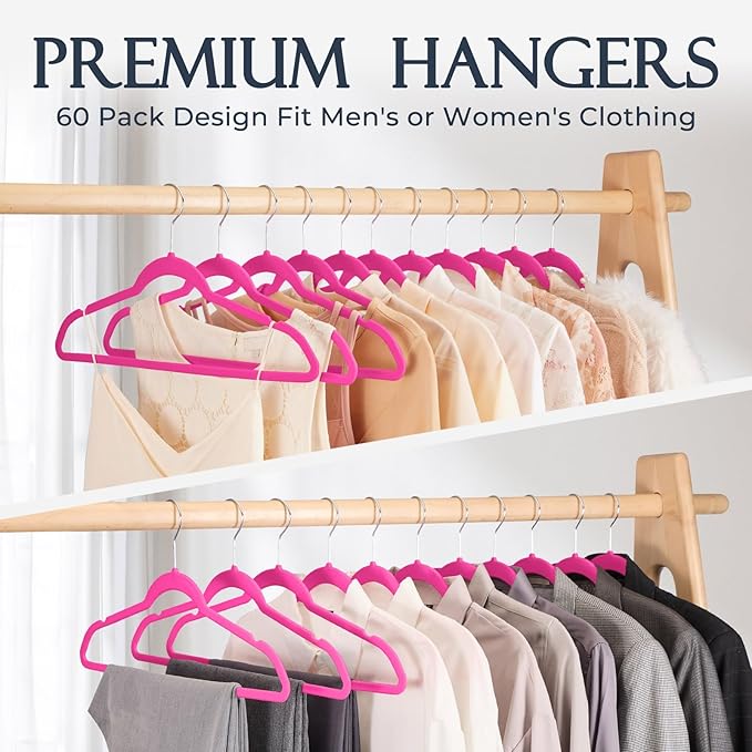 HOUSE DAY Rosy Red Velvet Hangers 60 Pack, Non Slip Clothes Felt Hanger Heavy Duty for Coat, Premium Slim Space Saving Suit Hangers for Closet Organizer, 360° Rotating Silver Hook