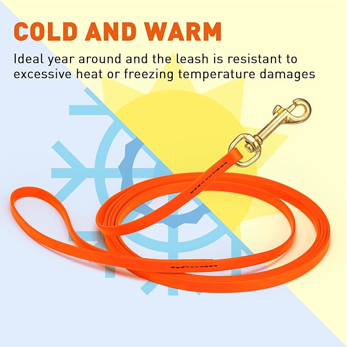 Viper Biothane K9 Working Dog Leash Waterproof Lead for Tracking Training Schutzhund Odor-Proof Long Line with Solid Brass Snap for Puppy Medium and Large Dogs, 15ft Hunter Orange