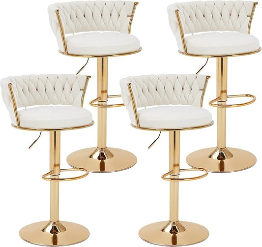 VECELO Bar Stools Set of 4, Modern Luxury Velvet Woven Counter Height Stools with Back and Arm, Gold Metal Leg & Base, 360 Swivel Bar Chair for Pubs Dining Room, White