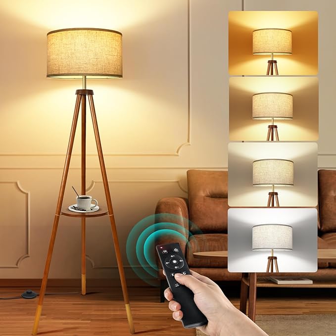 OUTON Wood Tripod Floor Lamp with Shelves, Mid Century Floor Lamp with Remote Control, 4 Color Temperature, LED Modern Dimmable Standing Lamp for Living Room, Bedroom, Office, Walnut & Gold