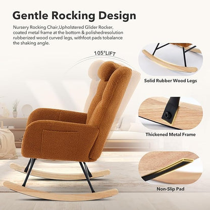 Nursery Rocking Chair,300Lb Glider Chair with Wood Legs/Two Side Pockets,Teddy Upholstered Glider Rocker with Padded Seat High Backrest for Living Room/Bedroom/Nursery