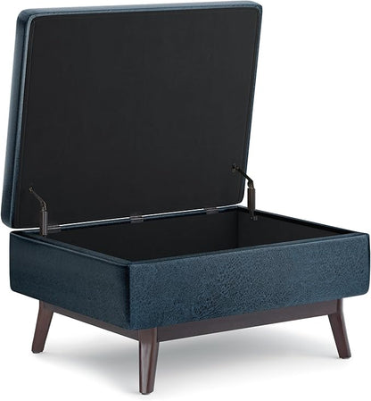 SIMPLIHOME Owen Coffee Table Storage Ottoman - 34 inch Wide Upholstered Vegan Leather Rectangular Lift-Top Ottoman in Distressed Dark Blue, Mid-Century Modern Bench for Living Room with Tapered Legs