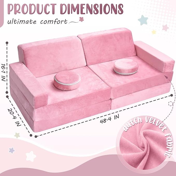 10Pcs Kids Play Couch,Toddler Sofa,Modular Kids Couch for Playing, Creativing, Sleeping (Pink)