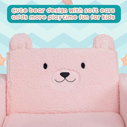 ALIMORDEN Fold Out Toddler Couch, Comfy 2-in-1 Cuddly Sherpa Bear Chair for Kids, Convertible Sofa to Lounger, Kids Cozy Corner Play Couch for Boys and Girls, Pink