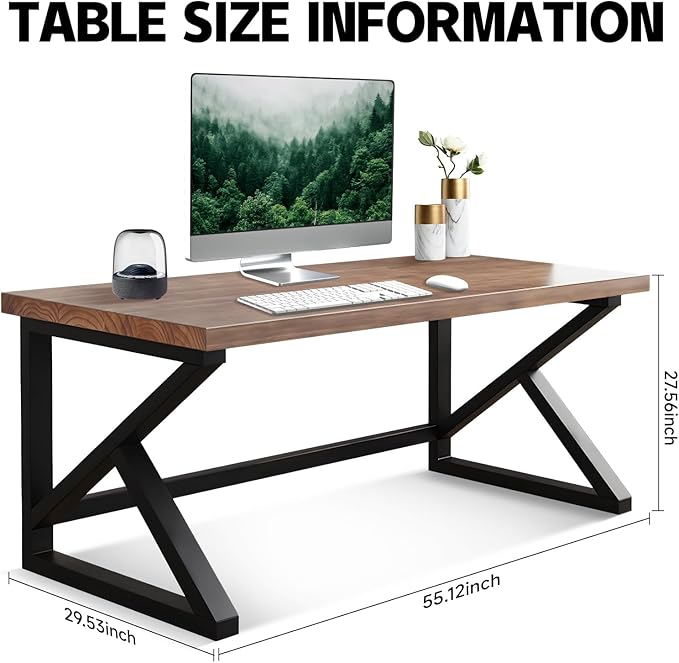 Solid Wood Computer Desk,Rustic Style 55-inch Large Office Desk- Modern Gaming Working for Home Office, Modern Simple Design, Ideal for Study, Writing, Dining