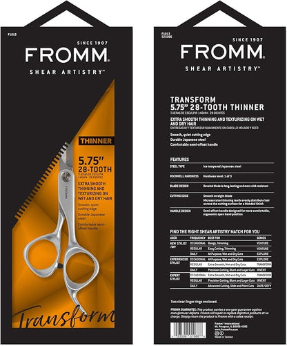 Fromm Professional Transform 5.75" 28-Tooth Extra Smooth Hair Thinning & Texturizing Shears on Wet & Dry Hair in Matte Silver Japanese Steel Scissors with Beveled Blade for Salon Stylists