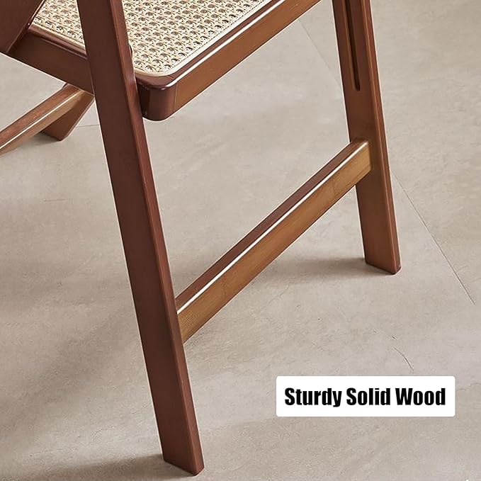 KISKIS Wooden Rattan Folding Chairs Portable Save Space Kitchen Dining Chair for Balcony Living Room, with Mesh Elastic Seat and Curved Back, 400LBS,1 Pack