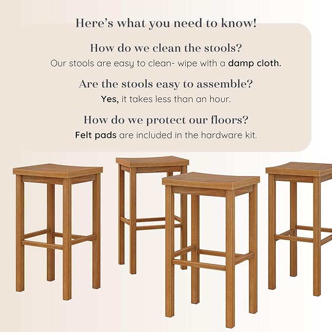 Grain & Grove Smith Collection Set of 4 Solid Wood Bar Stools, 30 inch Saddle-Seat Bar Chairs, Backless, Heavy-Duty Construction, Footrest Support, for Kitchen Islands, Home Bars, and Counters, Pecan