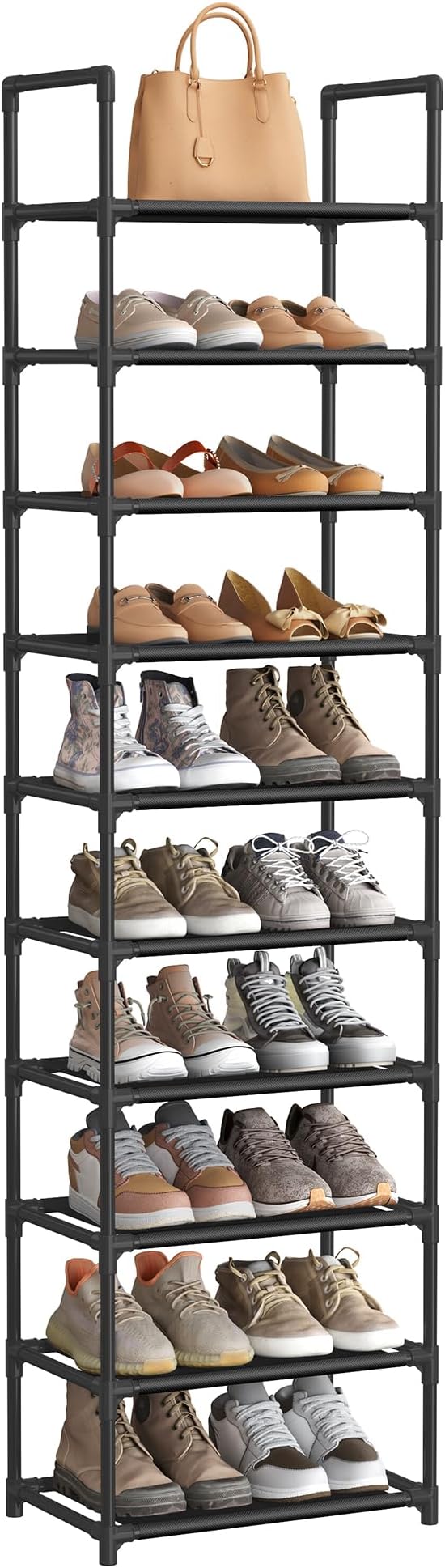 SONGMICS Shoe Rack, 10-Tier Shoe Shelf, Shoe Storage Organizer, 11 x 17.7 x 68 Inches, Metal Frame, Non-Woven Fabric Shelves, for Entryway, Bedroom, Black ULSH010B02