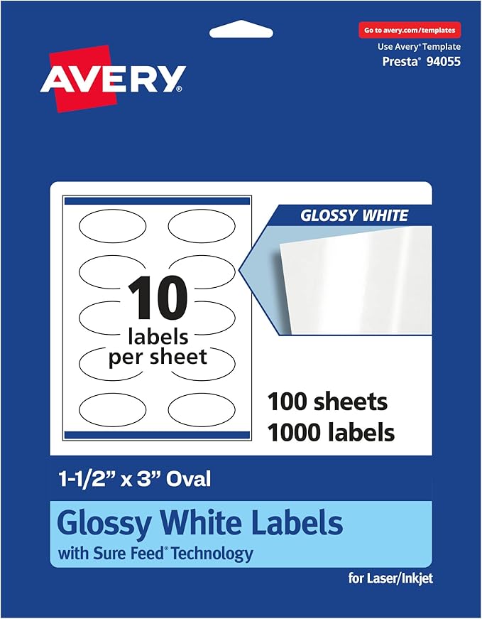 Avery Glossy White Oval Labels, Sure Feed Technology, 1.5" x 3", 1,000 Glossy White Labels, Print-to-The-Edge, Permanent Adhesive, Laser/Inkjet Printable