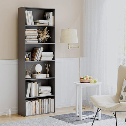 FOTOSOK 6-Tier Open Bookcase and Bookshelf, Freestanding Display Storage Shelves Tall Bookcase for Bedroom, Living Room and Office, Dark Gray