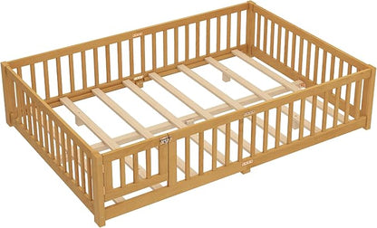 Queen Size Floor Bed Frame with Slats and Safety Guardrail, Wood Queen Size Montessori Floor Bed with Door and Fence, Easy Assemble Montessori Beds for Kids, Girls, Boys, Natural