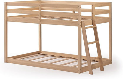 Grain & Grove Bear Twin Over Twin Bunk Bed, Low Bunk Bed Frame for Kids, Bunk with Ladder, Guardrail and Slats, No Box Spring Required, Oak Embossed Natural