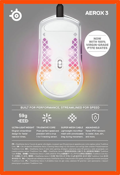 SteelSeries Aerox 3 - Holey RGB Gaming Mouse - Ultra-lightweight Water Resistant Design - 8,500 DPI TrueMove Core Optical Sensor - Snow