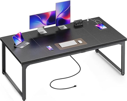 Huuger 63 x 31.5 inch Desk with Power Outlets & USB-C, 1.2 Inch Thicker Desktop, Robust Metal Tubes, Deep Computer Desk, Heavy Duty Office Work Desk, for Home Office, Black