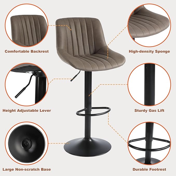 Bar Stool Set of 1, Adjustable PU Leather Bar Chairs, Swivel Counter Height Barstools with Back, Modern Armless Kitchen Island Stool, Brown