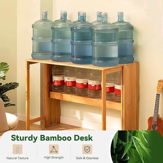 Bamboo Folding Desk Mid Century Modern Desk for Home Office Bedroom Small Spaces, Natural，40.55" Long Desktop