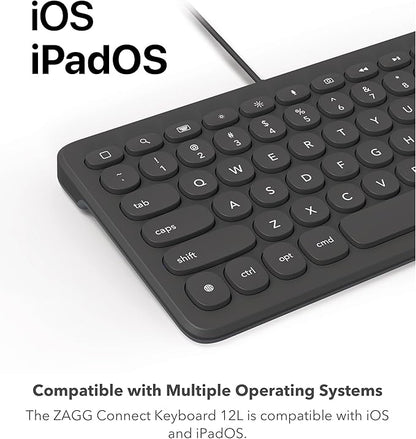 ZAGG Connect Keyboard - Compact 12-inch Lightning Wired Keyboard - Optimal for iOS and iPadOS Devices - Designed for Comfortable, Precise Typing - Perfect for School Supplies & Small Workspaces