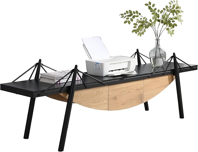 1 Tier Modern Boat-Shaped Bookshelf with Drawer, Black & Natural, 70.9" Long Horizontal Low Shelf for Storage Display Decoration, Sturdy MDF & Metal Industrial Frame, for Bedroom, Office