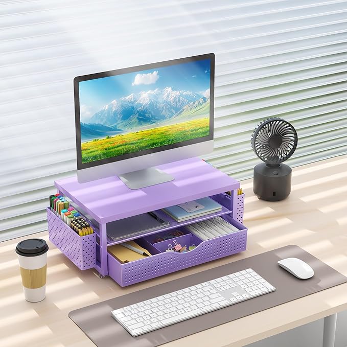 gianotter Wood Monitor Stand Riser, Desk Organizer with Drawer and 2 Pen Holders, 2-Tier Workspace Organizer for Office Supplies (Purple Wood)