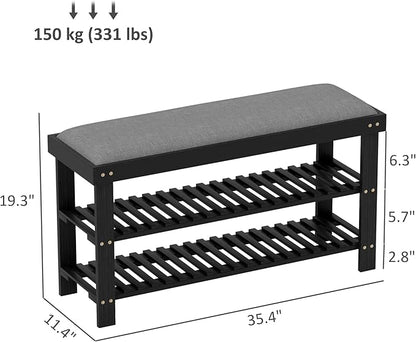 HOMCOM Bamboo Shoe Bench, 3-Tier Entryway Bench with Storage and Cushion, Shoe Organizer for Entryway, Hallway, Holds Up to 331 lbs, 35.4 x 11.4 x 19.3 Inches, Black