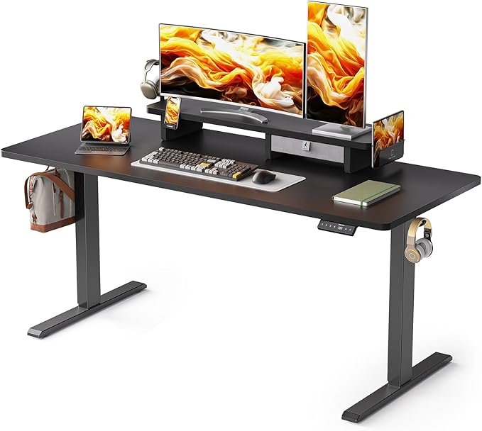 63x24 Inches Electric Standing Desk with Drawer and Monitor Stand, Height Adjustable Sit to Stand up Desk for Home Office, Ergonomic Computer Table with Phone Holder, 3 Hooks, Black